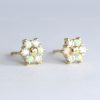 Opal And Diamond Bar Stud Earrings, 14k Solid Gold Diamond Opal Minimalist Earrings