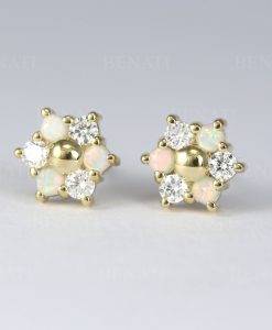 Opal And Diamond Stud Earrings, 14k Solid Gold Diamond Opal Minimalist Earrings - Image 3