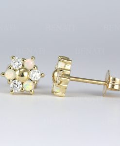 Opal And Diamond Stud Earrings, 14k Solid Gold Diamond Opal Minimalist Earrings - Image 4