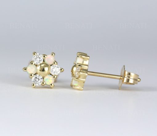 Opal And Diamond Stud Earrings, 14k Solid Gold Diamond Opal Minimalist Earrings