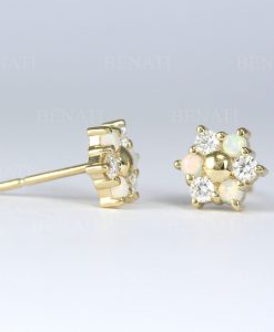Opal And Diamond Stud Earrings, 14k Solid Gold Diamond Opal Minimalist Earrings - Image 5