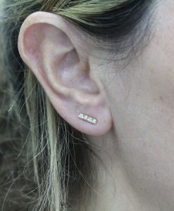 Opal And Diamond Bar Stud Earrings, 14k Solid Gold Diamond Opal Minimalist Earrings - Image 2