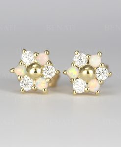 Opal And Diamond Stud Earrings, 14k Solid Gold Diamond Opal Minimalist Earrings - Image 6