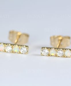 Opal And Diamond Bar Stud Earrings, 14k Solid Gold Diamond Opal Minimalist Earrings - Image 3