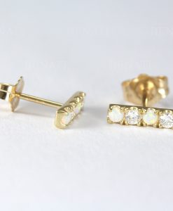 Opal And Diamond Bar Stud Earrings, 14k Solid Gold Diamond Opal Minimalist Earrings - Image 4