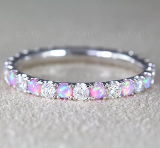 Opal Diamond Wedding band, Eternity Band, Rose Gold Pink Opal Ring, 2 mm Thin Opal Wedding Band, Opal and Moissanite Stacking Ring