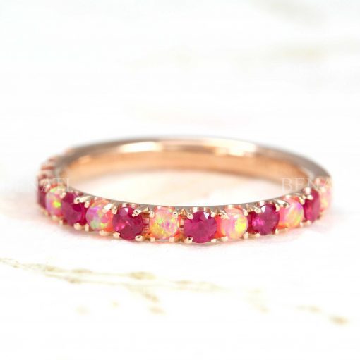 Rose Gold Pink Opal Ruby Wedding Eternity Band, Ruby Opal Wedding Ring, Eternity Opal Wedding Ring, Ruby Promise Band, Opal Stacking Ring