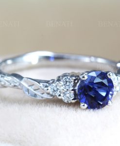 Vintage sapphire engagement Ring, Diamond and sapphire wedding ring, Anniversary gift, 14k yellow gold, Leaves ring, Cluster leaf ring,
