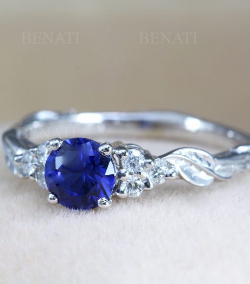 Vintage sapphire engagement Ring, Diamond and sapphire wedding ring, Anniversary gift, 14k yellow gold, Leaves ring, Cluster leaf ring,