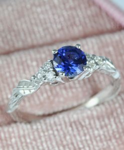 Vintage sapphire engagement Ring, Diamond and sapphire wedding ring, Anniversary gift, 14k yellow gold, Leaves ring, Cluster leaf ring,
