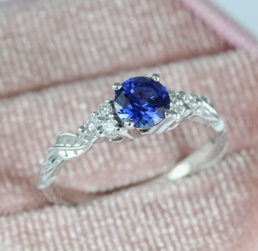 Vintage sapphire engagement Ring, Diamond and sapphire wedding ring, Anniversary gift, 14k yellow gold, Leaves ring, Cluster leaf ring,