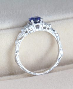 Vintage sapphire engagement Ring, Diamond and sapphire wedding ring, Anniversary gift, 14k yellow gold, Leaves ring, Cluster leaf ring,