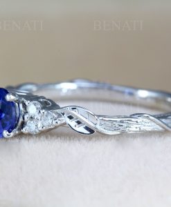 Vintage sapphire engagement Ring, Diamond and sapphire wedding ring, Anniversary gift, 14k yellow gold, Leaves ring, Cluster leaf ring,