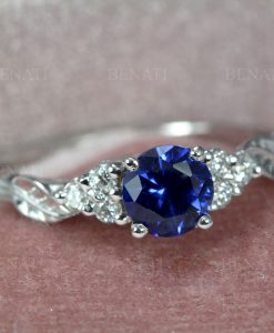 Vintage sapphire engagement Ring, Diamond and sapphire wedding ring, Anniversary gift, 14k yellow gold, Leaves ring, Cluster leaf ring,