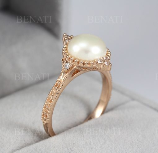 Pearl vintage engagement Ring, Vintage ring set unique pearl ring, Pearl engagement ring, 14k gold pearl ring, freshwater pearl ring