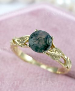 Twig and leaf engagement ring, Moss agate engagement ring, Leaf ring, Moss agate twig ring, Solid gold 18k 14k