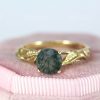 Twig and leaf engagement ring, Moss agate engagement ring, Leaf ring, Moss agate twig ring, Solid gold 18k 14k