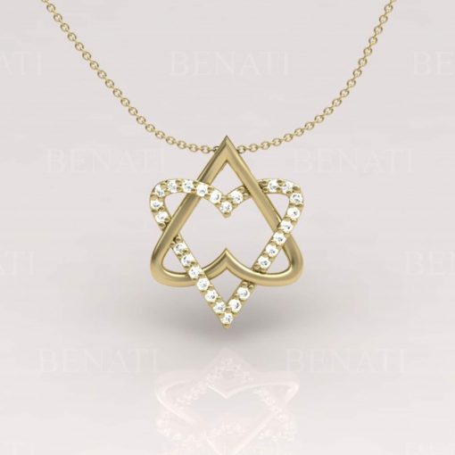 Double Heart Magen David Diamond Necklace, 14k gold Star Of David Diamond Necklace, Diamond Magen David Pendant, Two Heart Necklace