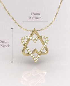 Double Heart Magen David Diamond Necklace, 14k gold Star Of David Diamond Necklace, Diamond Magen David Pendant, Two Heart Necklace - Image 2