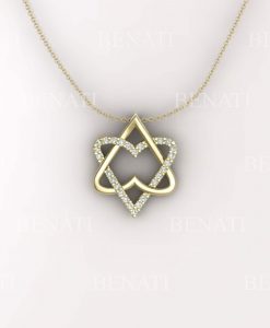 Double Heart Magen David Diamond Necklace, 14k gold Star Of David Diamond Necklace, Diamond Magen David Pendant, Two Heart Necklace - Image 5