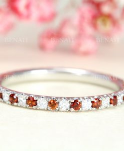 Garnet and Diamond Eternity Band, Garnet Ring, Eternity 2mm Wedding Band - Image 2