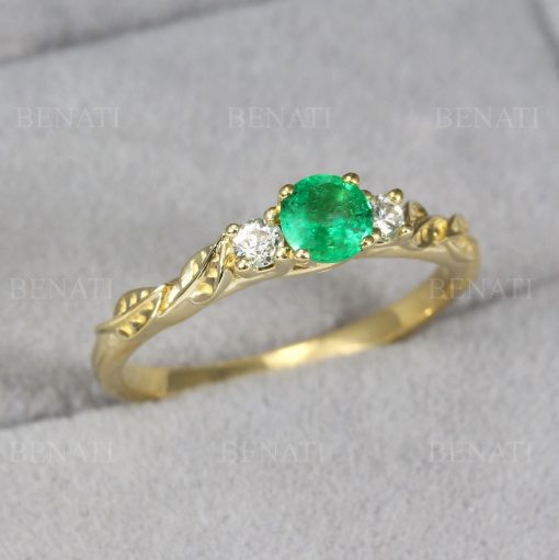 Three stone natural emerald diamond leaf ring, Boho engagement ring, Solid gold nature promise ring, 14k rose gold emerald  vintage ring