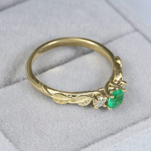 Three stone natural emerald diamond leaf ring, Boho engagement ring, Solid gold nature promise ring, 14k rose gold emerald  vintage ring