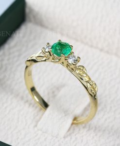 Three stone emerald diamond leaf ring, Boho engagement ring, 14k Solid gold nature ring - Image 4