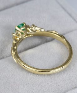 Three stone emerald diamond leaf ring, Boho engagement ring, 14k Solid gold nature ring - Image 6