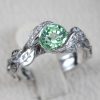 Green Sapphire Leaf Engagement Ring, Leaves Ring, White Gold Leaf Diamond Leaves Ring, Nature Inspired Floral Leaves Ring