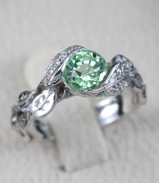 Green Sapphire Leaf Engagement Ring, Leaves Ring, White Gold Leaf Diamond Leaves Ring, Nature Inspired Floral Leaves Ring