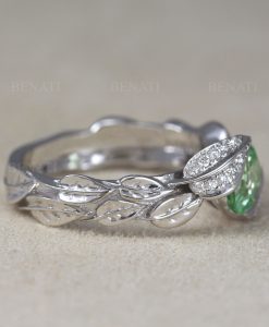 Green Sapphire Leaf Engagement Ring, Leaves Ring, White Gold Leaf Diamond Leaves Ring, Nature Inspired Floral Leaves Ring - Image 2
