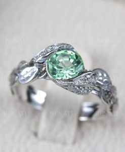Green Sapphire Leaf Engagement Ring, Leaves Ring, White Gold Leaf Diamond Leaves Ring, Nature Inspired Floral Leaves Ring - Image 3
