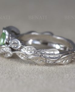 Green Sapphire Leaf Engagement Ring, Leaves Ring, White Gold Leaf Diamond Leaves Ring, Nature Inspired Floral Leaves Ring - Image 4
