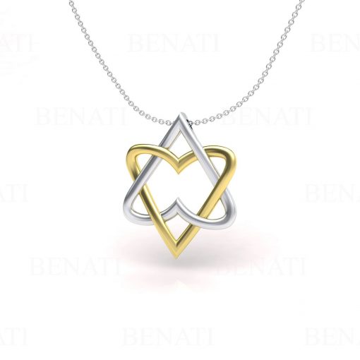 Double Heart Gold Necklace, 14k Gold Two Heart Necklace, Gold Magen David Pendant, Two Heart Pendant Gift For Her, Two Tone Necklace