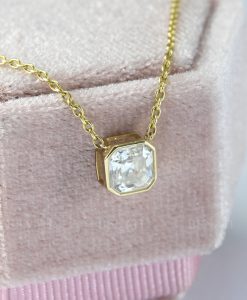 Vintage moissanite solitaire necklace for women, Dainty 14k gold Asscher cut moissanite bezel necklace