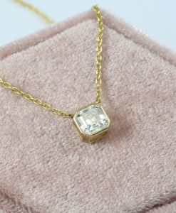 Vintage diamond solitaire necklace for women, Dainty 14k gold Asscher cut moissanite bezel necklace, gold pendant Valentines gift for women - Image 4