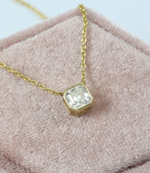 Vintage diamond solitaire necklace for women, Dainty 14k gold Asscher cut moissanite bezel necklace, gold pendant Valentines gift for women