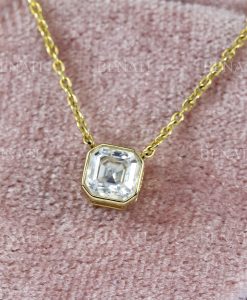 Vintage diamond solitaire necklace for women, Dainty 14k gold Asscher cut moissanite bezel necklace, gold pendant Valentines gift for women - Image 3