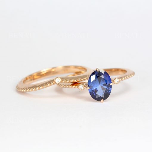 Engagement Ring Set Vintage, Wedding Ring Set Women, Oval Sapphire Wedding Ring Set,  Rose Gold Antique Ring, Engagement Ring