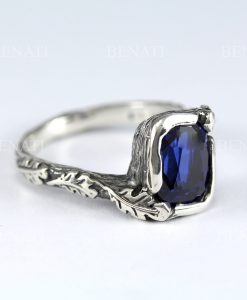 Leaf Ring With Sapphire Gemstone In Silver, Cushion Sapphire Leaf Ring, Leaves Ring, Friendship Forest Boho Ring, Natural Floral Ring - Image 4