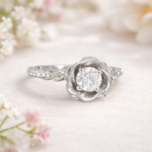 Rose flower ring design in 14k gold with lab grown diamonds