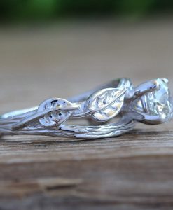 Moissanite sterling silver ring, Nature inspired leaves twig engagement ring - Image 6