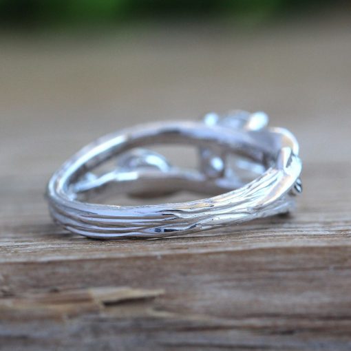 Moissanite sterling silver ring, Nature inspired leaves twig engagement ring