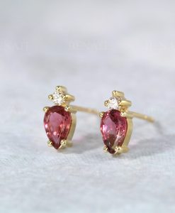 Pear And Round Cut Toi Et Moi Earrings, Pink Tourmaline, Lab Diamond 14k 18k Yellow Gold Stud Earrings, Two Stone Earrings Multi Shape