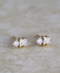 Round and princess cut two stone stud earrings in 14k solid gold, Double diamond stud earrings - Image 2