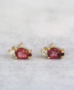Pear And Round Cut Toi Et Moi Earrings, Pink Tourmaline, Lab Diamond 14k 18k Yellow Gold Stud Earrings, Two Stone Earrings Multi Shape - Image 3