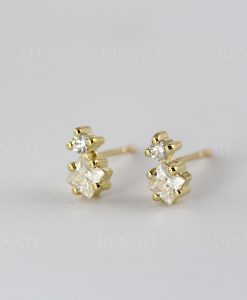 Multi shape moissanite two stone 14k solid gold stud earrings, Double diamond stud earrings - Image 2