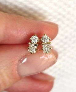 Round and princess cut two stone stud earrings in 14k solid gold, Double diamond stud earrings - Image 3