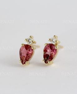 Pear And Round Cut Toi Et Moi Earrings, Pink Tourmaline, Lab Diamond 14k 18k Yellow Gold Stud Earrings, Two Stone Earrings Multi Shape - Image 6